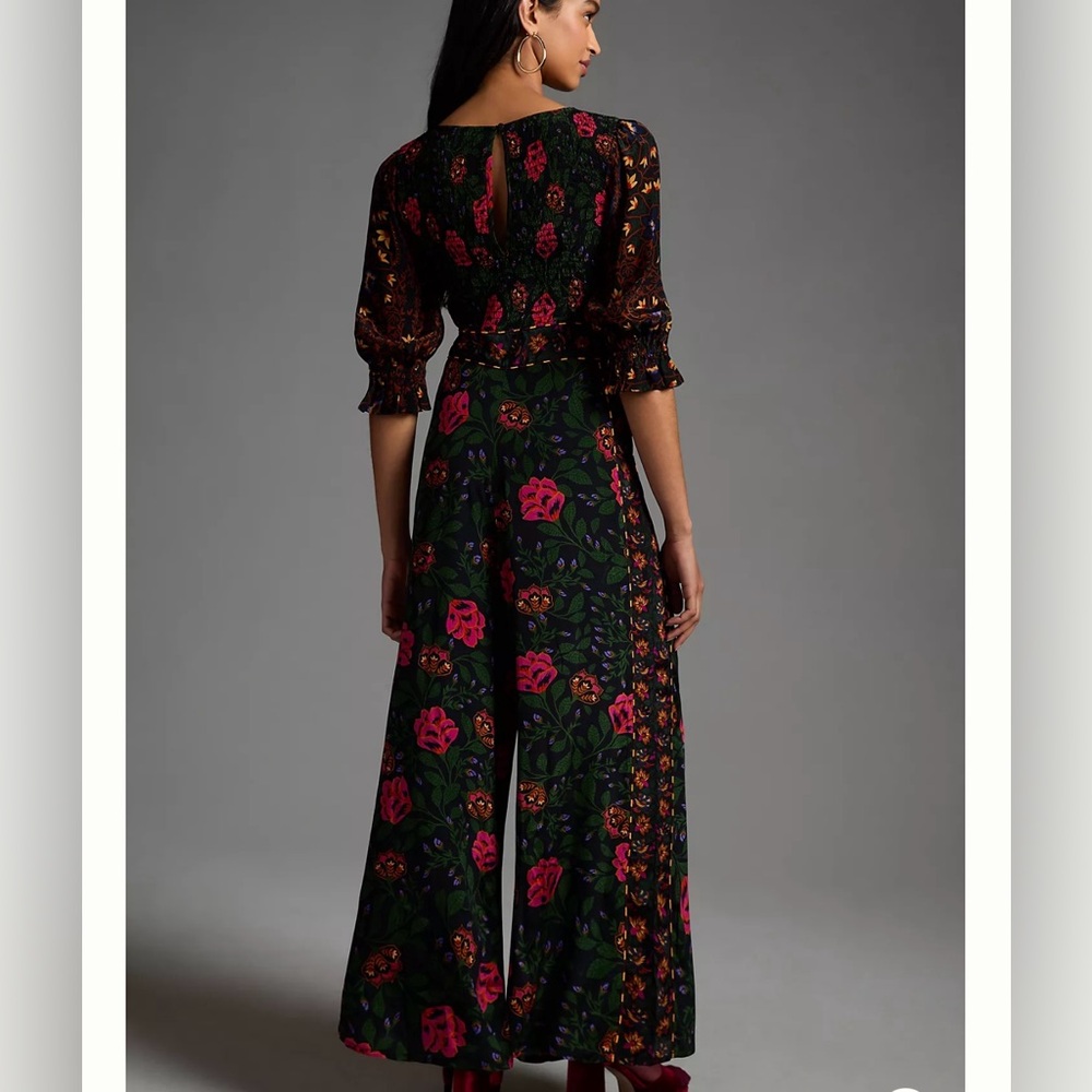 Farm Rio Jumpsuit Smoked Wide Leg 3/4 Sleeve Vibrant Florals Holidays SZ L EUC - Picture 2 of 11